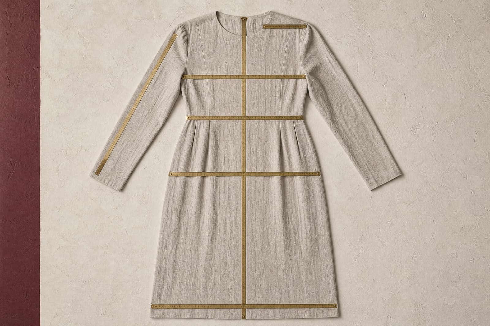 A dress laid flat with six measuring tapes placed across it marking bust, waist, hip, body length, sleeve length and shoulder.