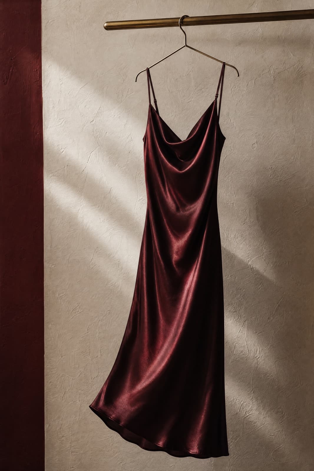 Bias-Cut Slip Dress, hung from a rail against limestone plaster.