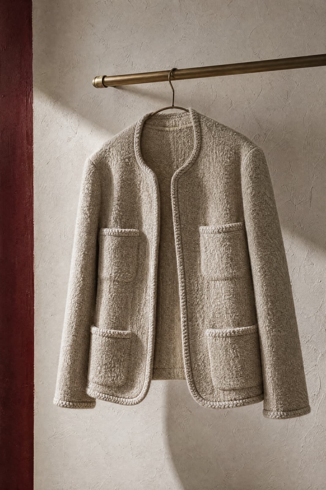 Collarless Jacket, hung from a rail against limestone plaster.