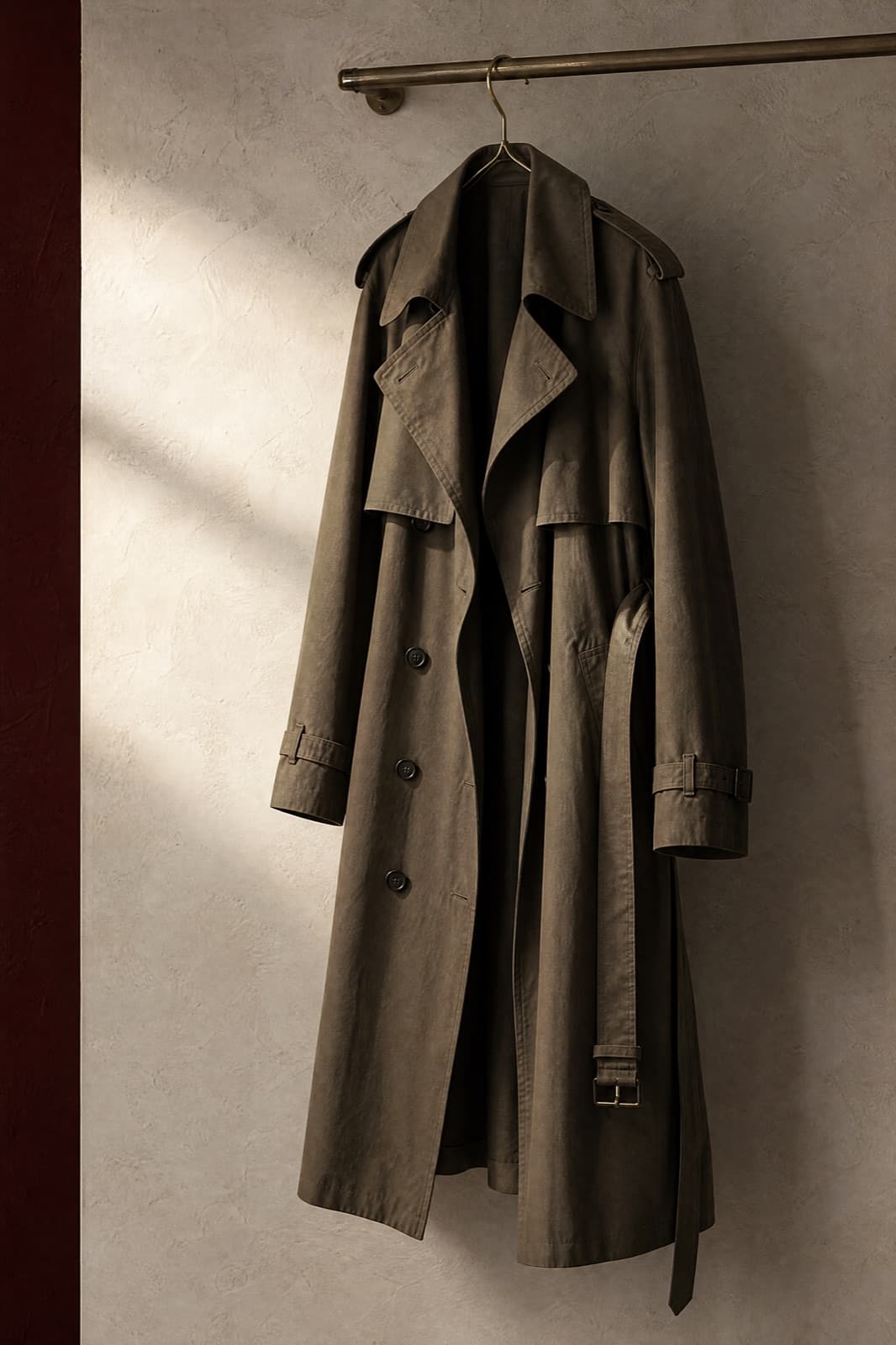 Cotton Trench, hung from a rail against limestone plaster.