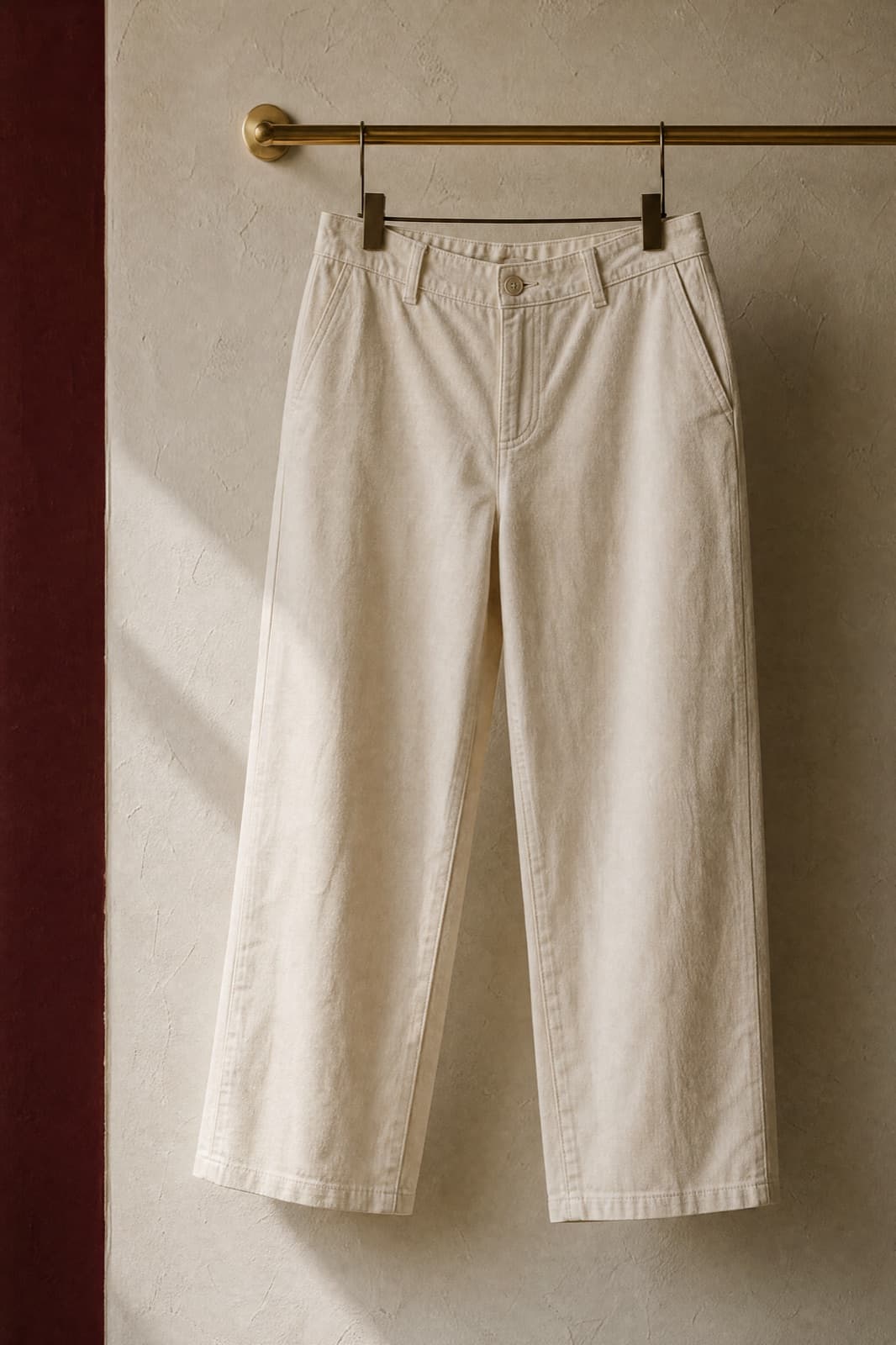 Cropped Trouser, hung from a rail against limestone plaster.