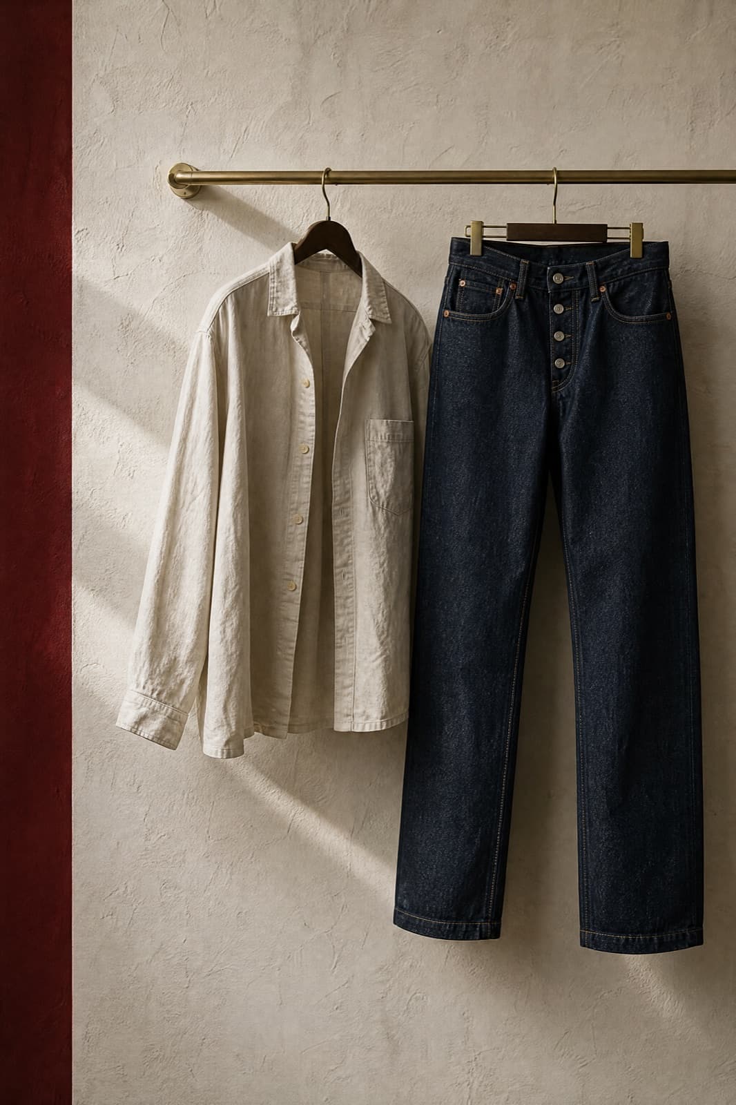 Denim Straight Trouser, hung from a rail against limestone plaster.