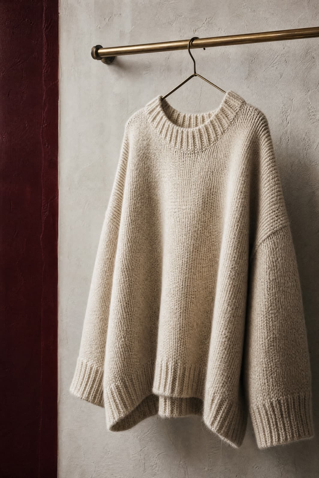 Oversized Knit Jumper, hung from a rail against limestone plaster.