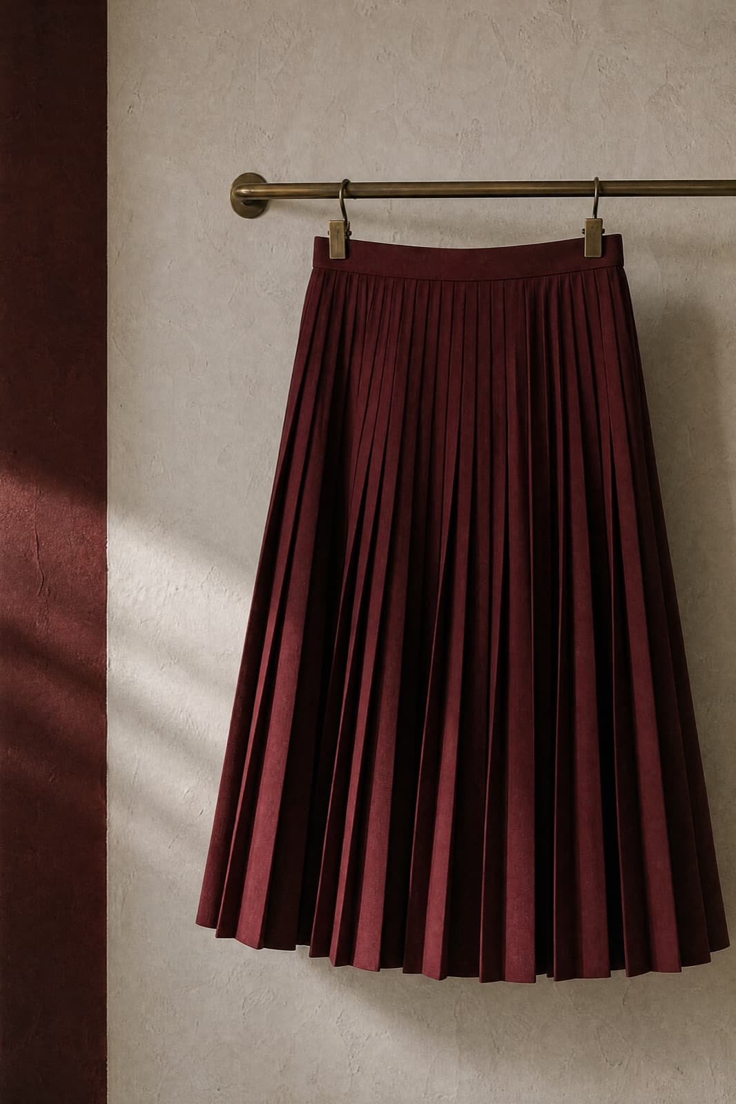 Pleated Midi Skirt, hung from a rail against limestone plaster.