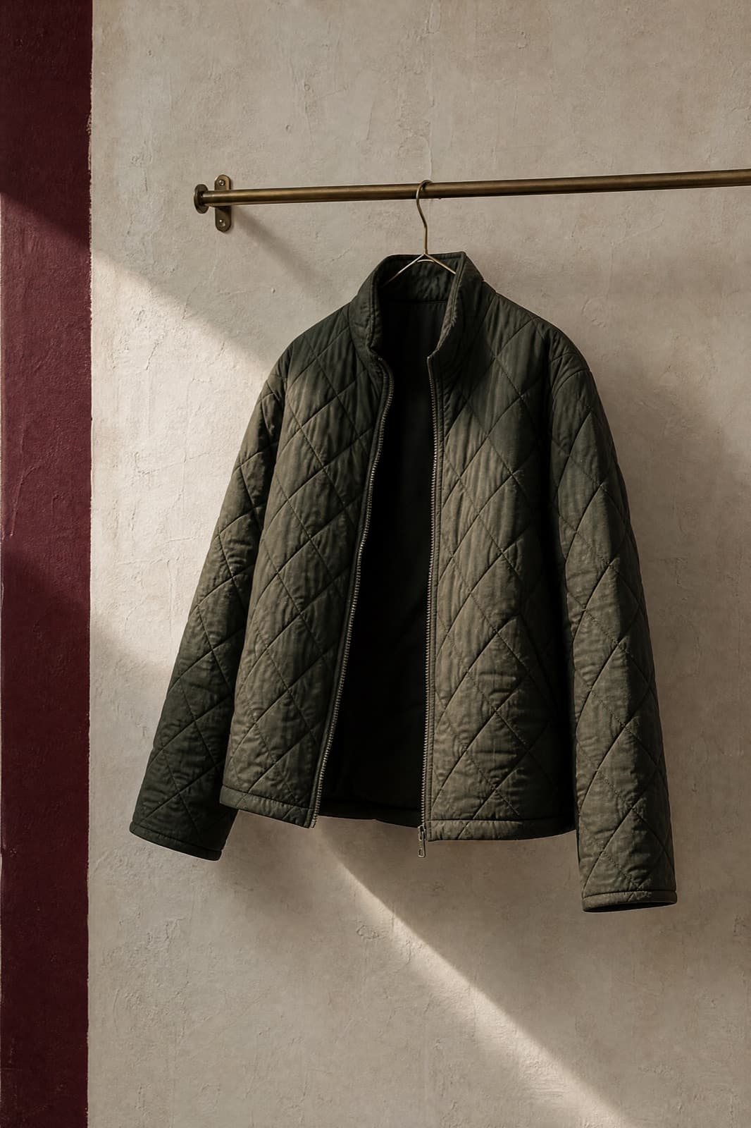 Quilted Short Jacket, hung from a rail against limestone plaster.
