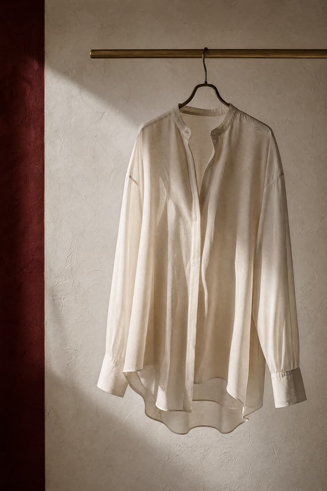 Silk-Blend Blouse, hung from a rail against limestone plaster.