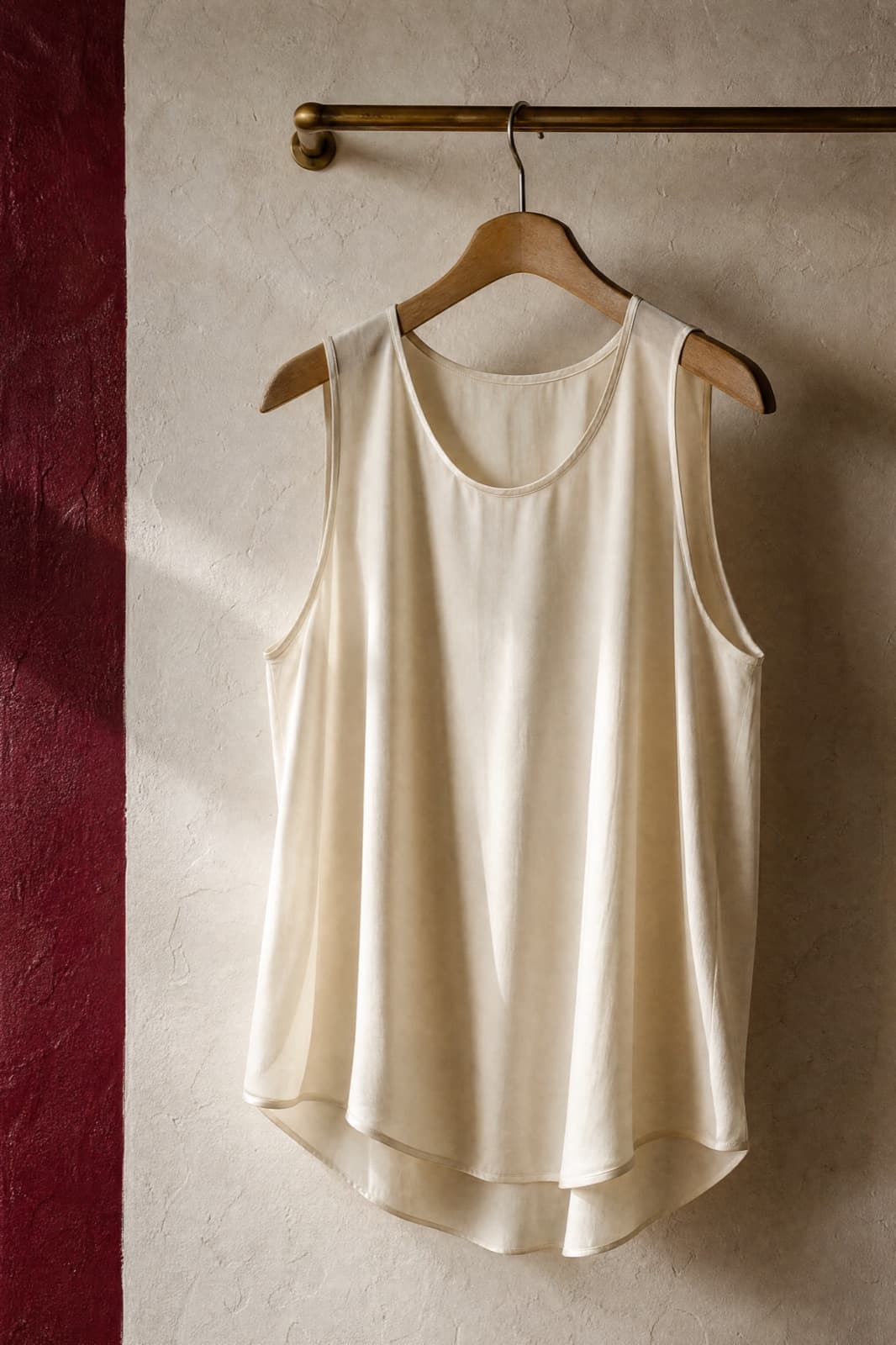 Sleeveless Shell Top, hung from a rail against limestone plaster.