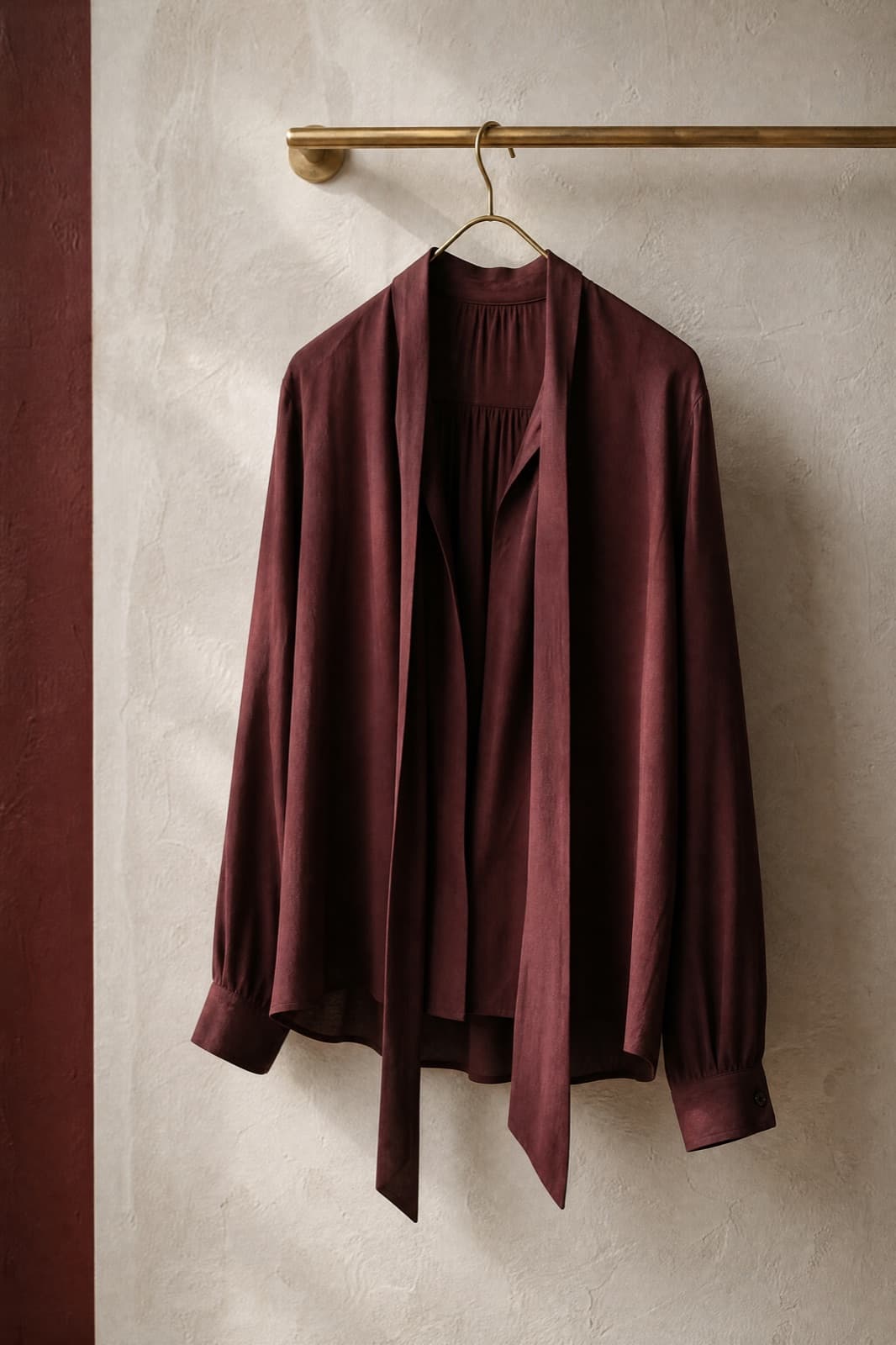 Tie-Neck Blouse, hung from a rail against limestone plaster.